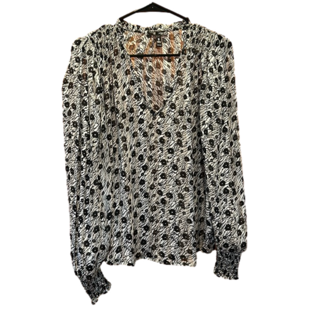 Aqua Sheer Black and White Floral Deep V Neck Long Sleeve Cinched Wrist Blouse